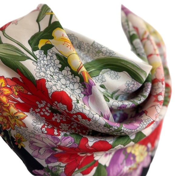 Vintage Silk Floral Scarf | Botanical Garden Print | Hand Rolled Edges - Picture 3 of 8